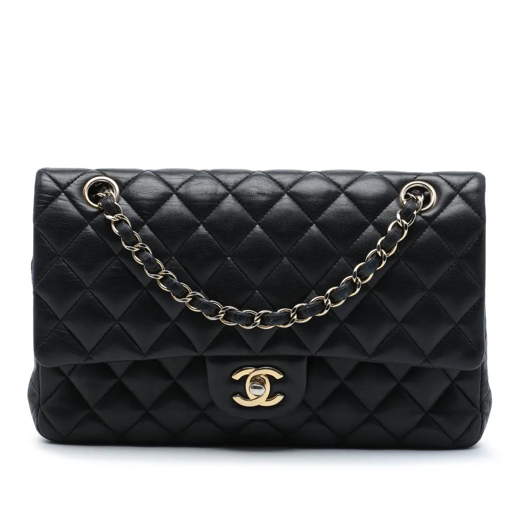 Chanel Medium Classic Lambskin Double Flap Black Leather Very good - Front View