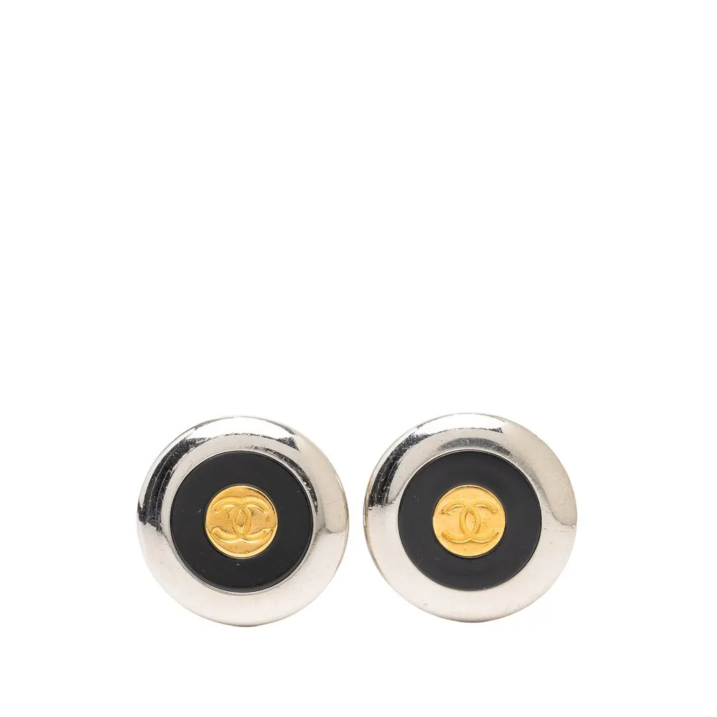 Chanel CC Brass Enamel Gold Plated Round Clip On Earrings Black Metal Very good - Front View