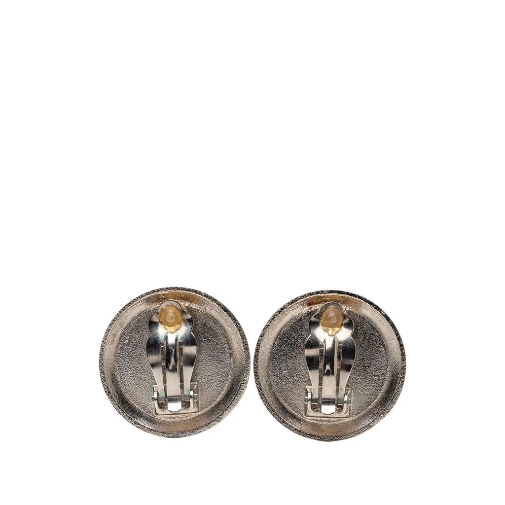 Chanel CC Brass Enamel Gold Plated Round Clip On Earrings Black Metal Very good - Back View