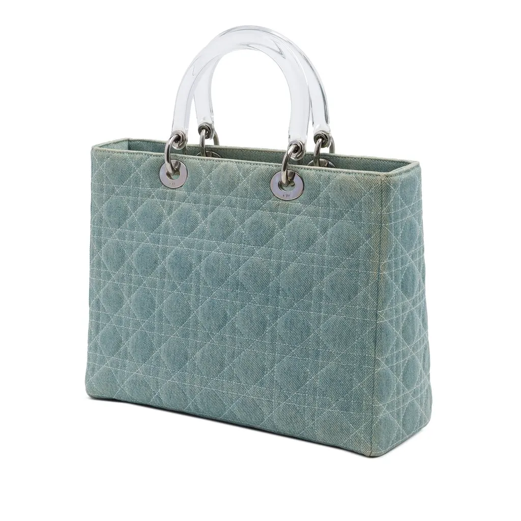Dior Large Denim Cannage Acrylic Handles Lady Dior Blue Denim Good - Back View