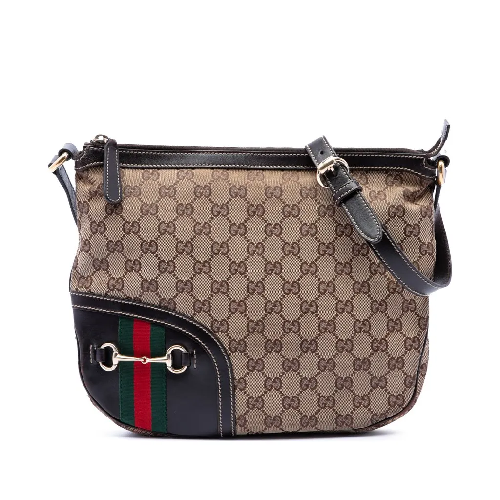 Gucci GG Canvas Horsebit Web Crossbody Beige Leather Very good - Front View