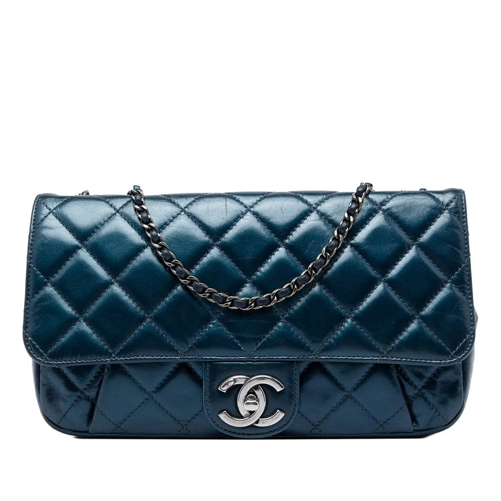 Chanel Medium Quilted Glazed Calfskin Coco Pleats Flap Blue Leather Very good - Front View