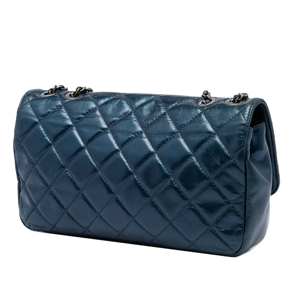 Chanel Medium Quilted Glazed Calfskin Coco Pleats Flap Blue Leather Very good - Back View