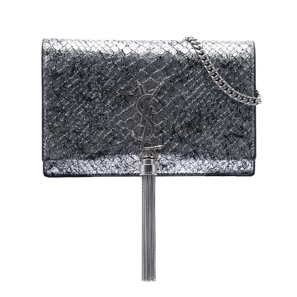 Saint Laurent Python Embossed Metallic Leather Classic Monogram Kate Tassel Wallet on Chain Silver Leather Very good - Front View