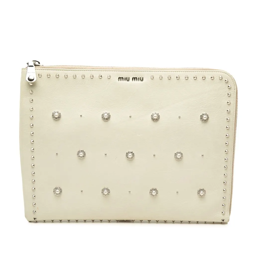 Miu Miu Faux Pearl Studded Leather Clutch White Leather Good - Front View