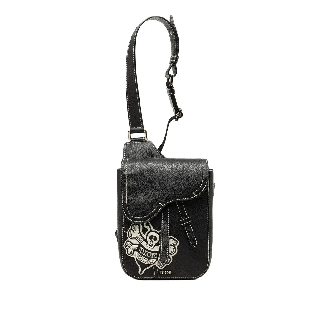 Dior Stussy Bee Applique Calfskin Saddle Crossbody Black Min