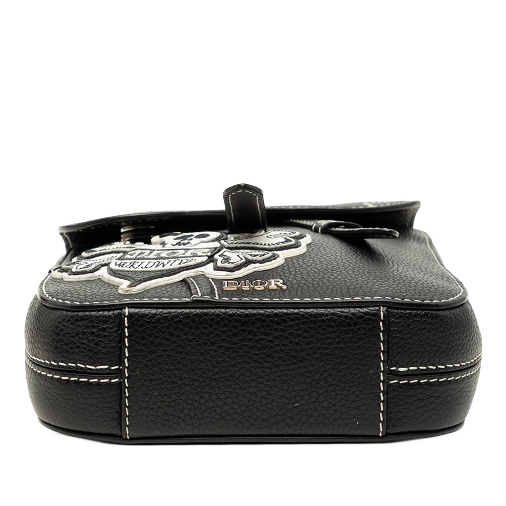 Dior Stussy Bee Applique Calfskin Saddle Crossbody Black Min