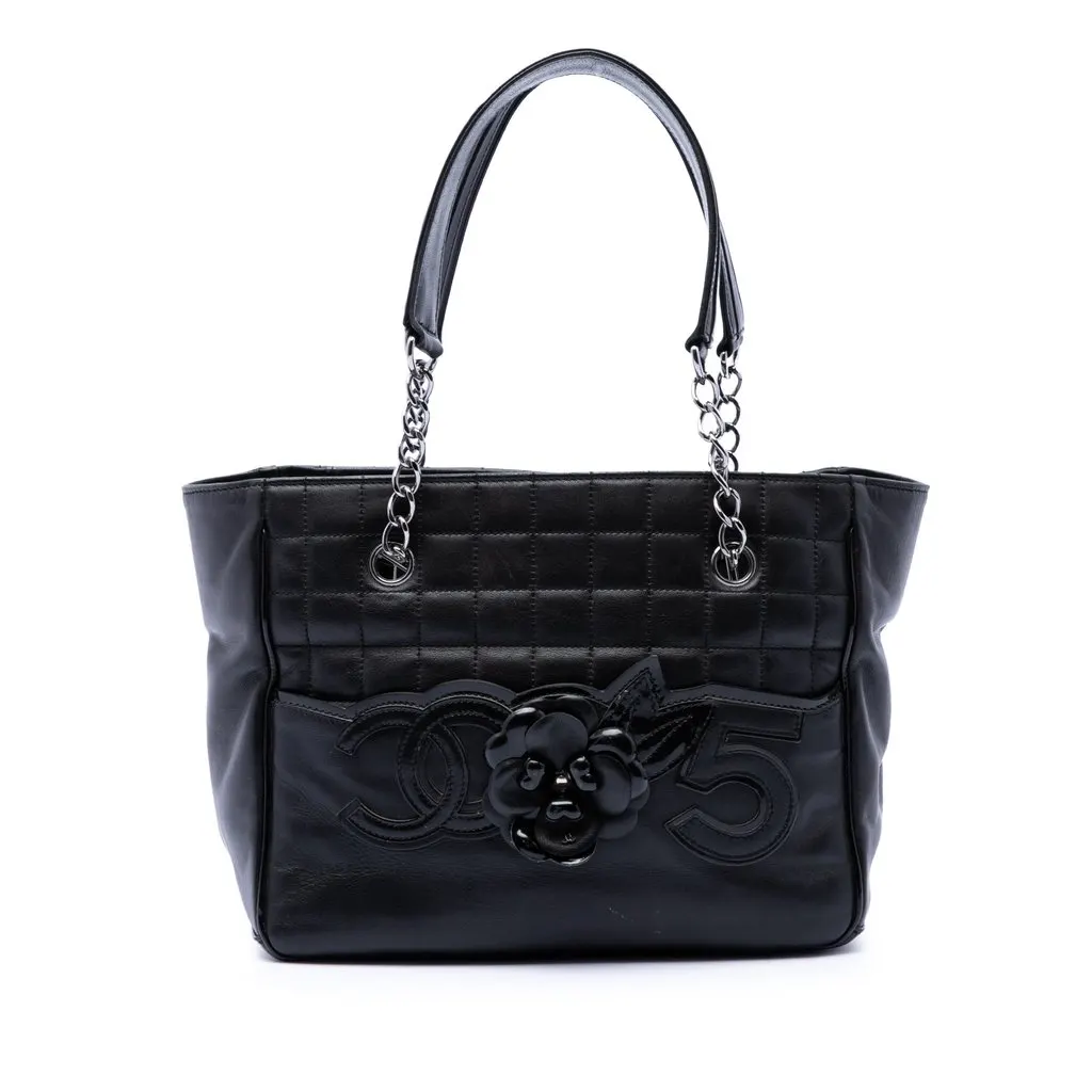 Chanel CC Choco Bar Lambskin Camellia No 5 Tote Black Leather Very good - Front View