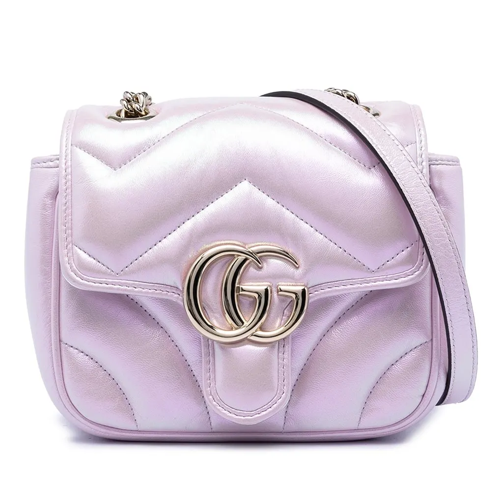Gucci Mini GG Marmont Matelasse Iridescent Calfskin Flap Crossbody Purple Leather Very good - Front View