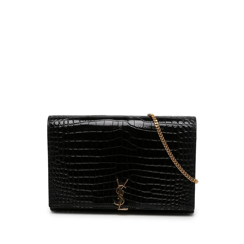 Saint Laurent Croc Embossed Patent Cassandre Wallet On Chain Black Leather Very good - Front View