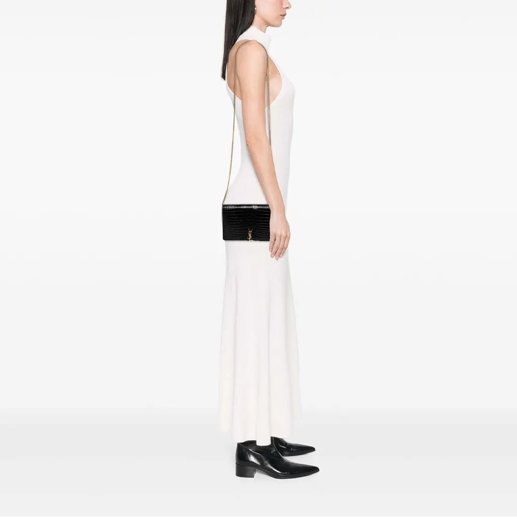 Saint Laurent Croc Embossed Patent Cassandre Wallet On Chain Black Leather Very good - Box View