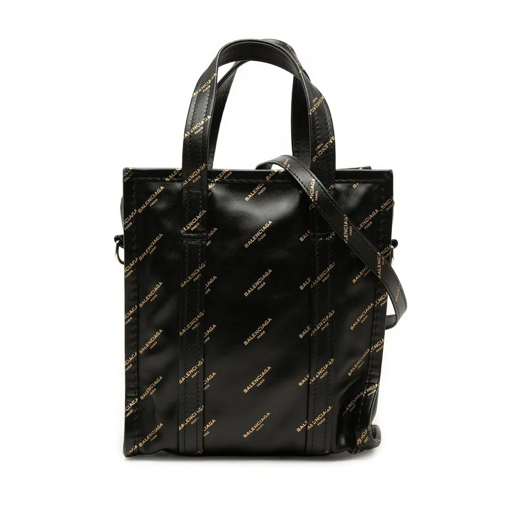 Balenciaga Calfskin Allover Logo Bazar Shopper Satchel XS Black Leather Very good - Front View