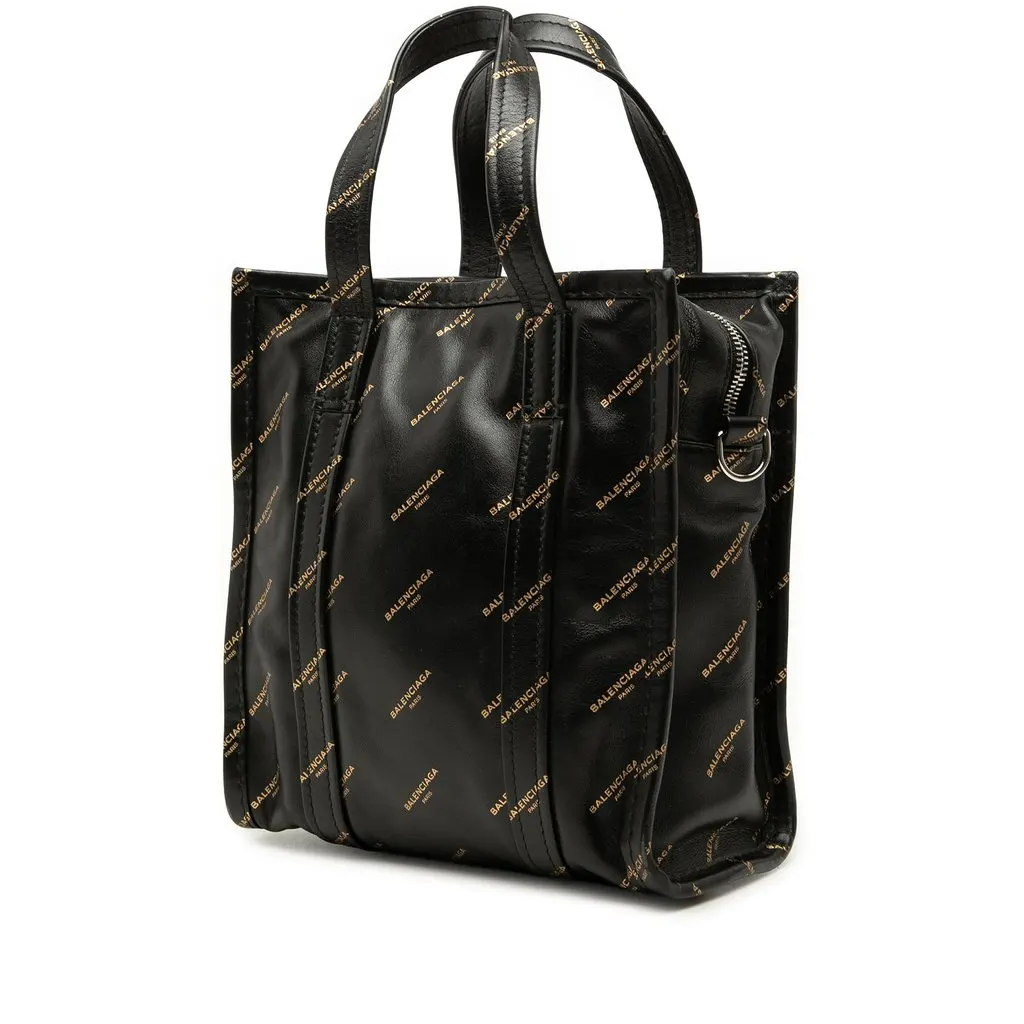 Balenciaga Calfskin Allover Logo Bazar Shopper Satchel XS Black Leather Very good - Back View