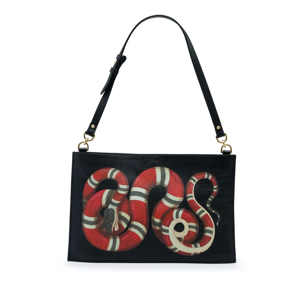 Gucci Calfskin Kingsnake Shoulder Bag Black Leather Very good - Front View