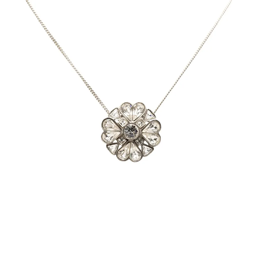 Chanel CC Brass Strass Clover Pendant Necklace Silver Metal Very good - Front View