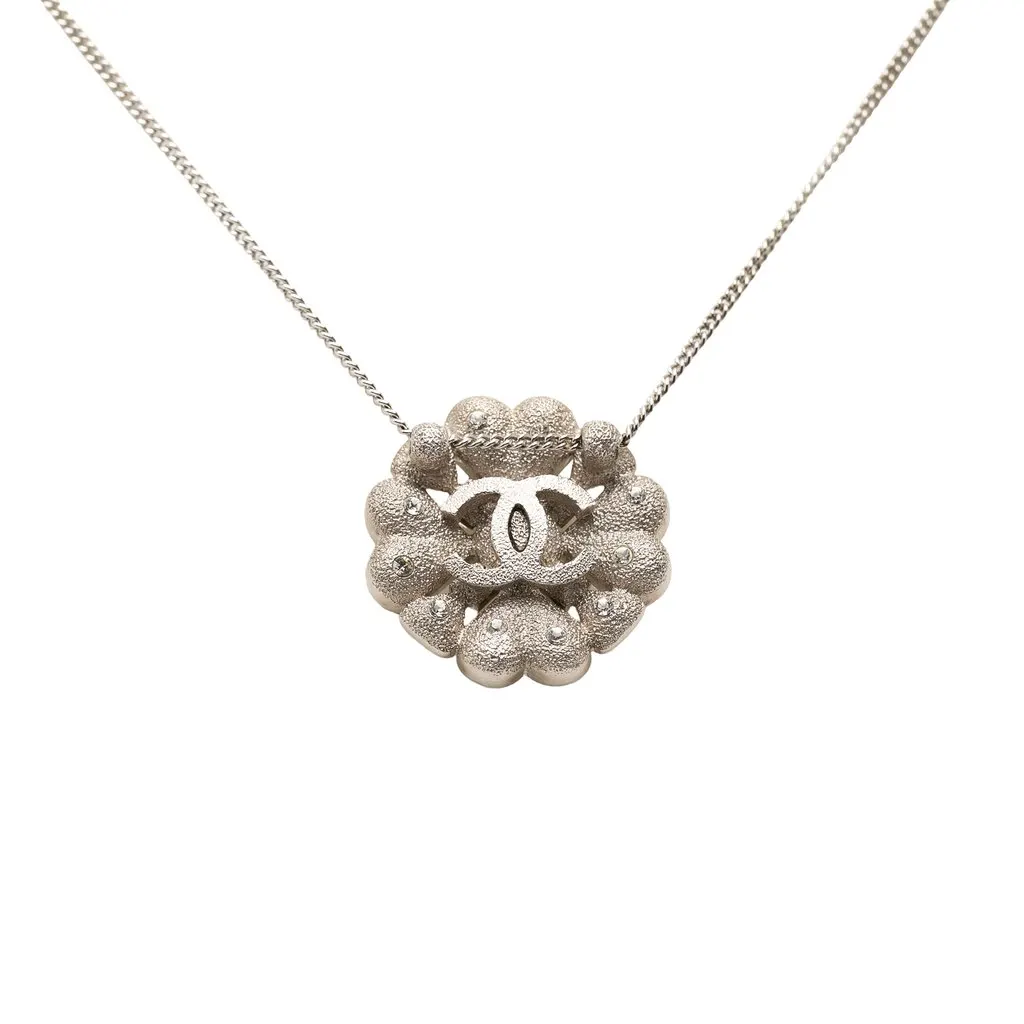 Chanel CC Brass Strass Clover Pendant Necklace Silver Metal Very good - Back View