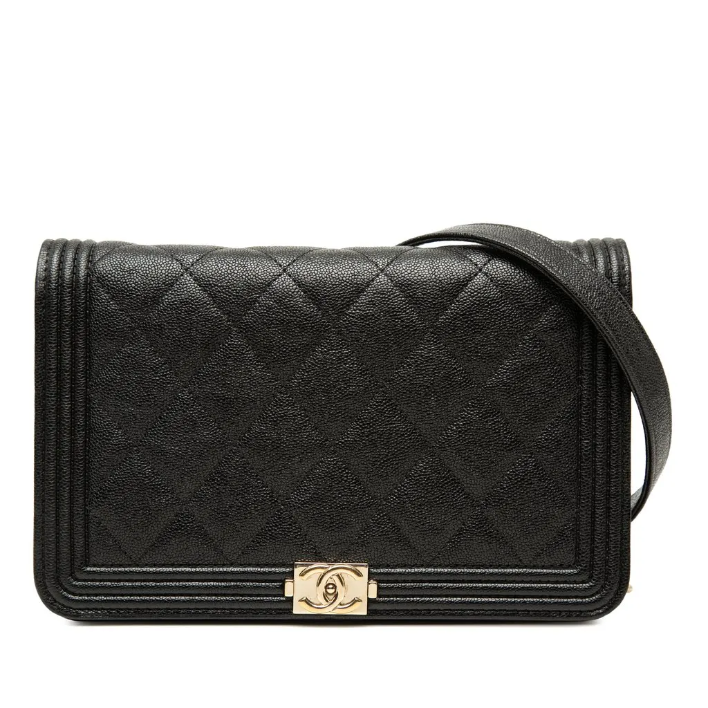 Chanel Quilted Caviar Boy Wallet on Chain Black Leather Very good - Front View