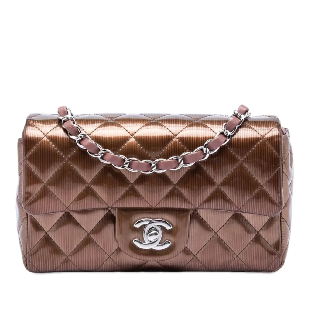 Chanel Mini Rectangular Classic Striated Patent Single Flap Brown Leather Very good - Front View