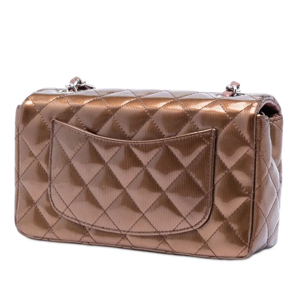 Chanel Mini Rectangular Classic Striated Patent Single Flap Brown Leather Very good - Back View
