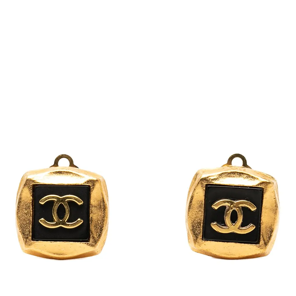 Chanel CC Gold Plated Enamel Square Clip On Earrings Gold Metal Very good - Front View