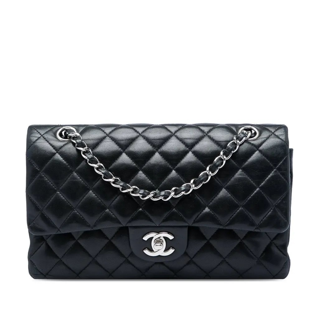Chanel Medium Classic Lambskin Double Flap Black Leather Very good - Front View