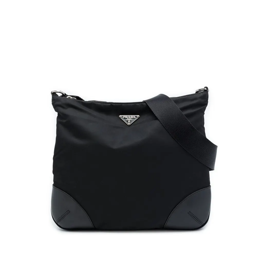 Prada Leather Trimmed Tessuto Zip Top Crossbody Black Polyamide Very good - Front View