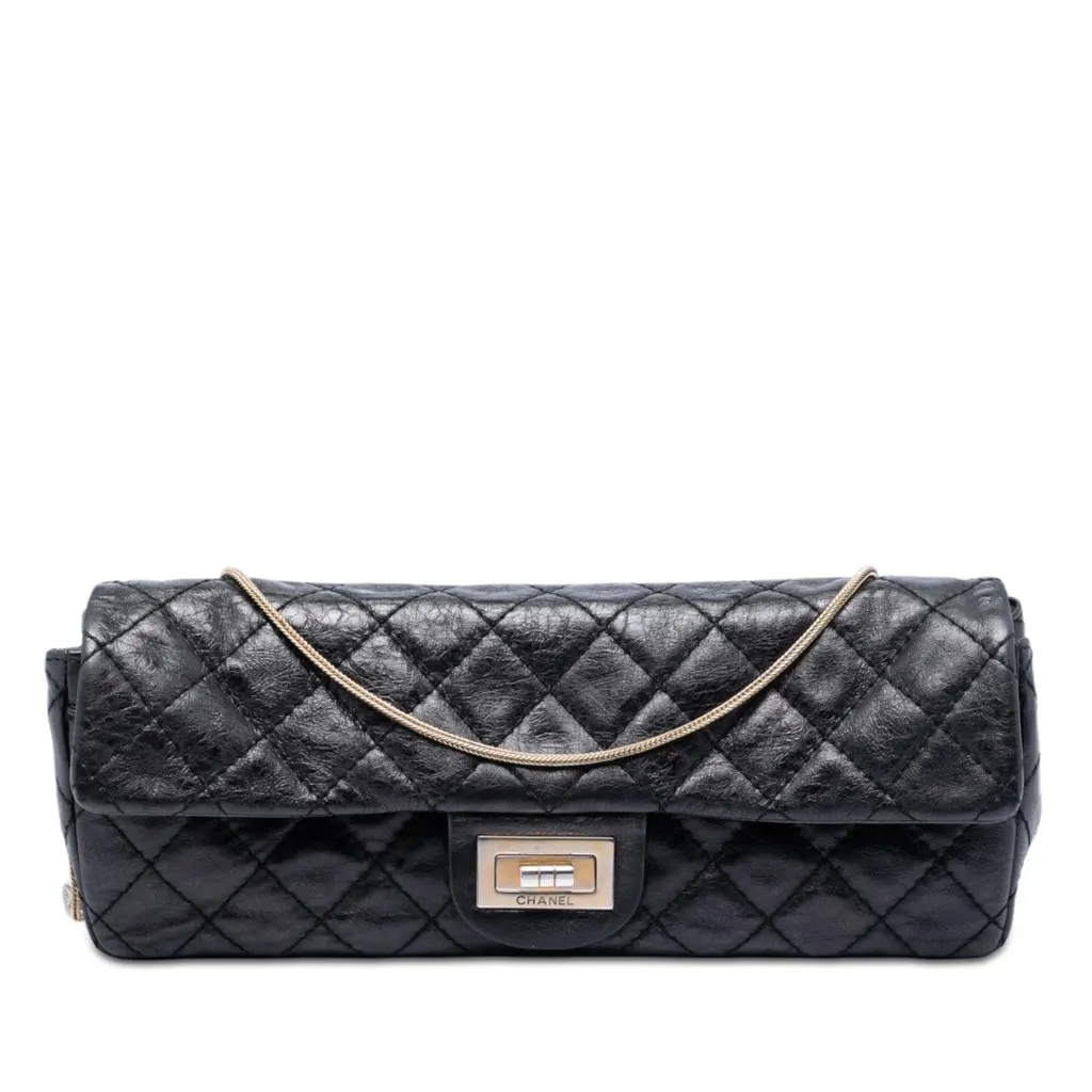 Chanel Quilted Glazed Calfskin Reissue 2.55 East West Flap Black Leather Very good - Front View