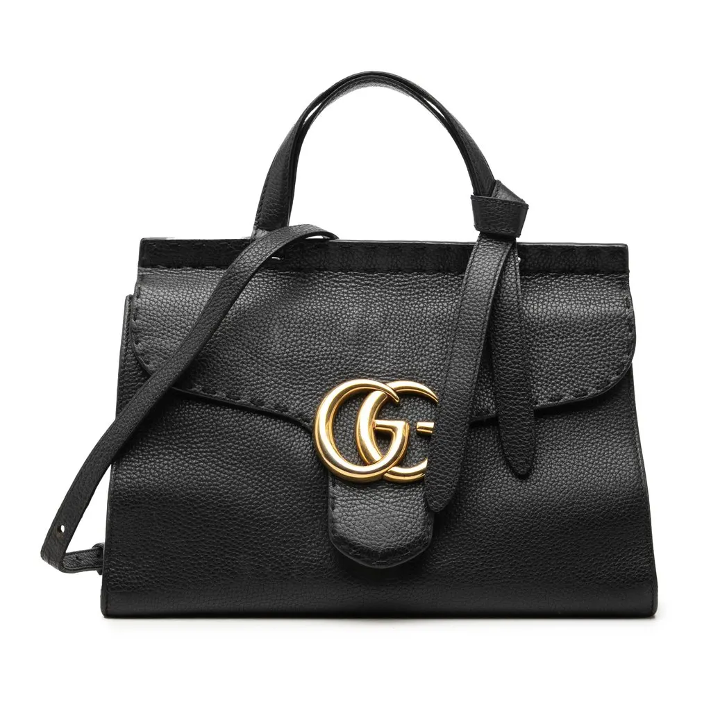 Gucci Small GG Marmont Grained Calfskin Top Handle Satchel Black Leather Very good - Front View