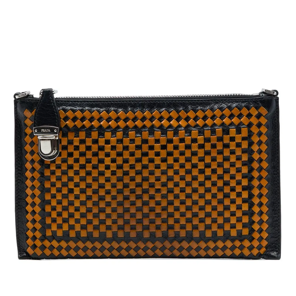 Prada Woven جلد الماعز Madras Zip كلتش