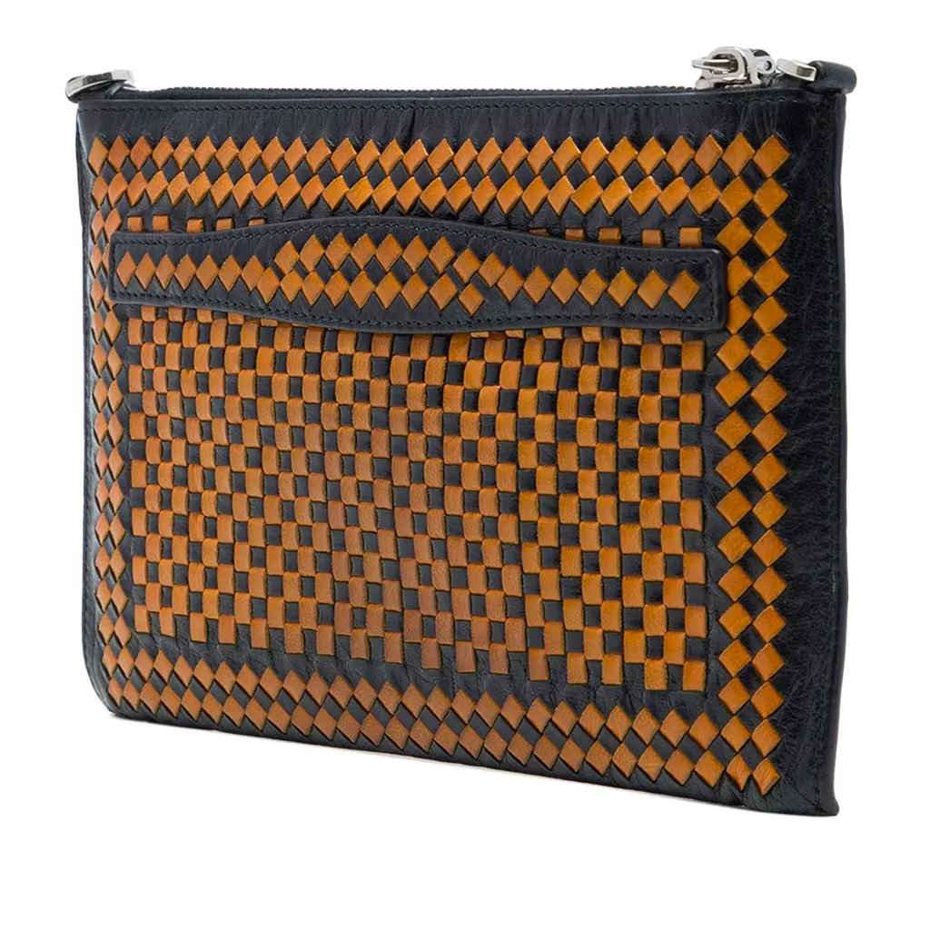 Prada Woven Goatskin Madras Zip Clutch Black Leather Very good - Back View