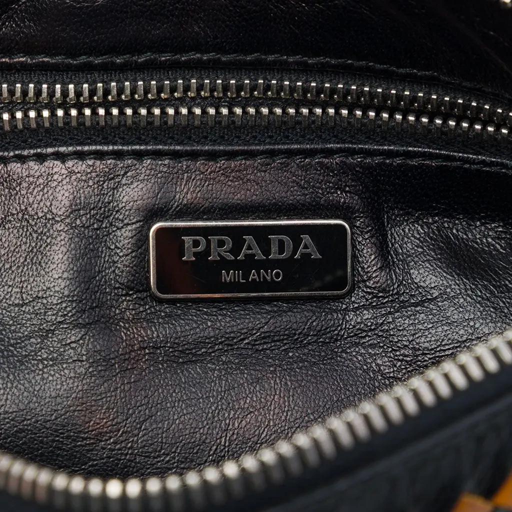 Prada Woven Goatskin Madras Zip Clutch Black Leather Very good - Box View