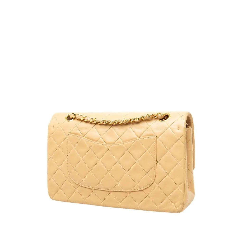 Chanel Medium Classic Lambskin Double Flap Beige Leather Good - Back View
