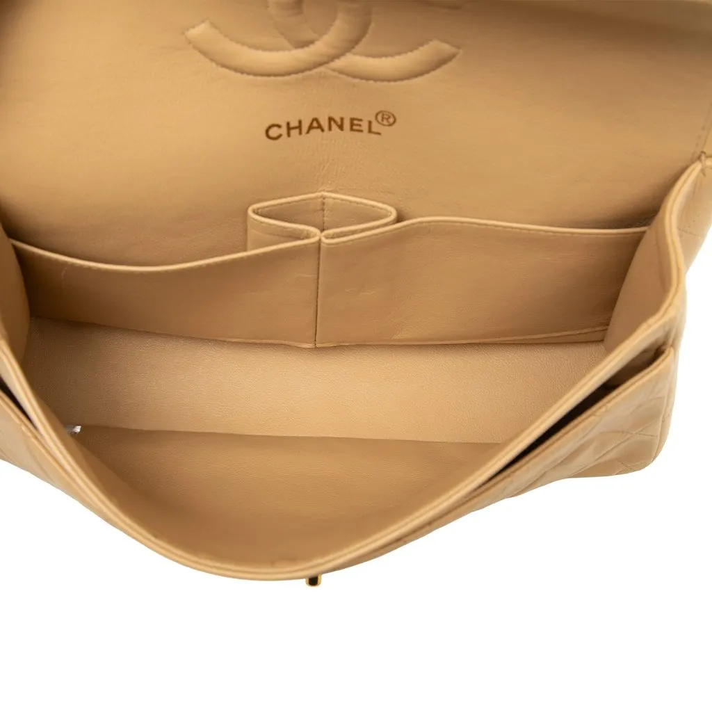 Chanel Medium Classic Lambskin Double Flap Beige Leather Good - Model View