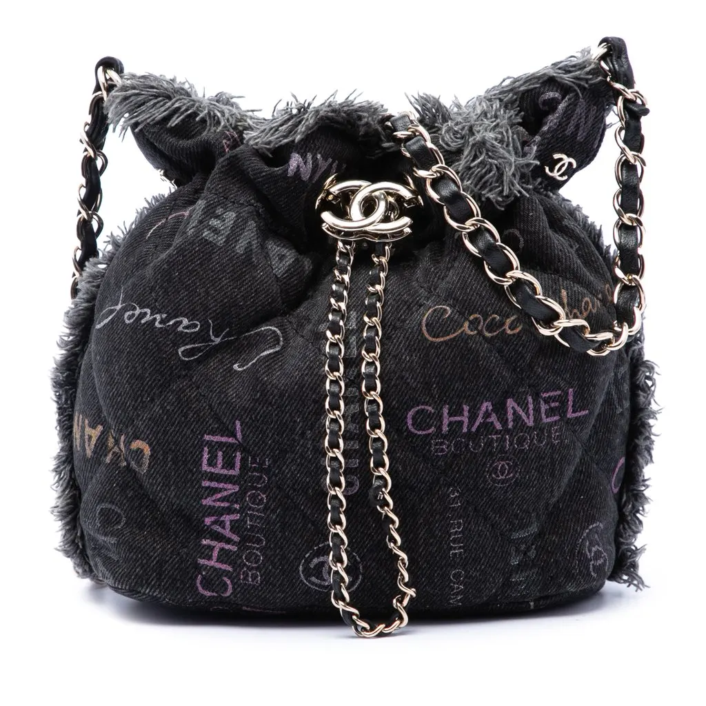 Chanel Small Denim Mood Bucket with Chain Grey Denim Good - Front View