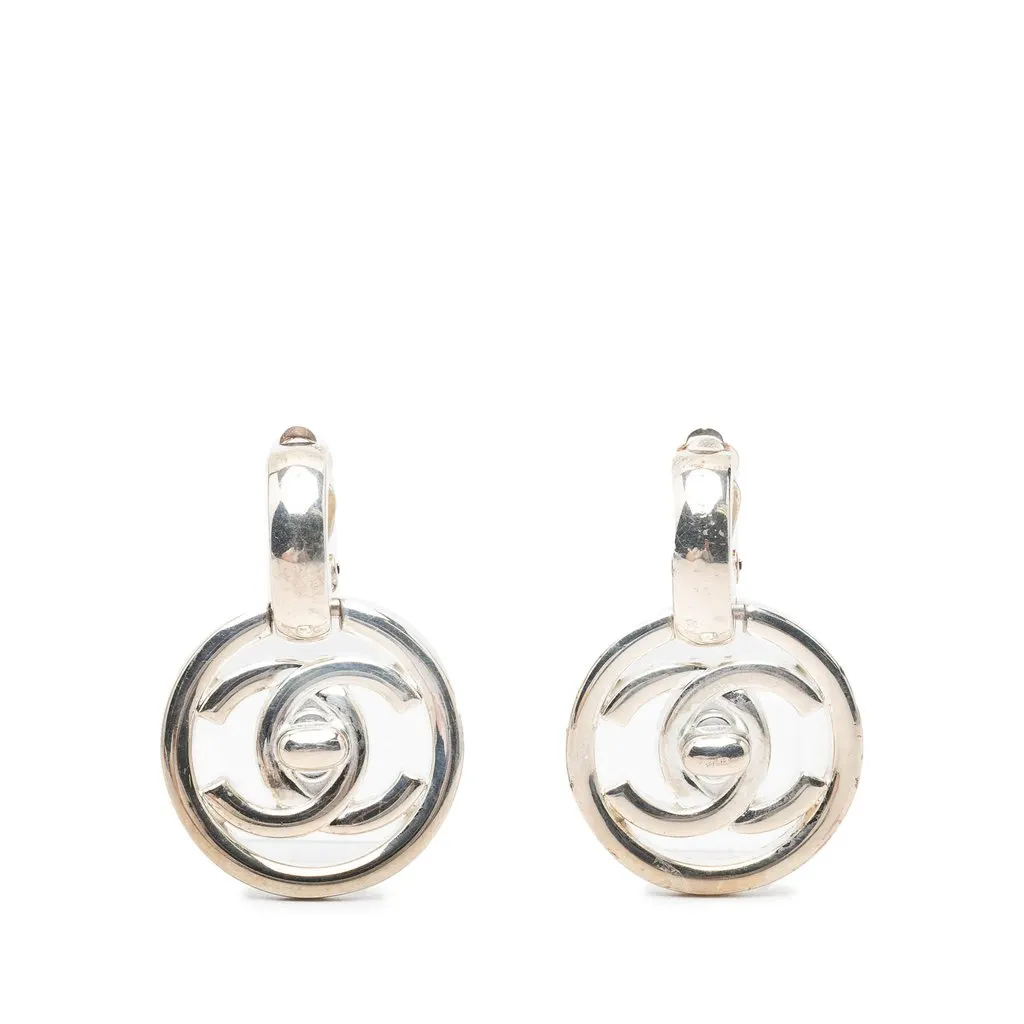 Chanel CC Brass Turn Lock Clip On Earrings Silver Metal Very good - Front View