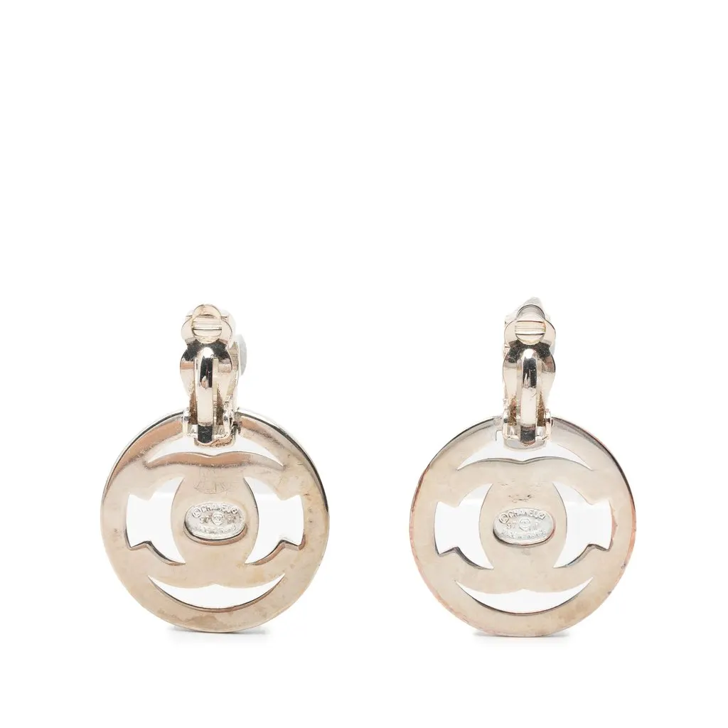 Chanel CC Brass Turn Lock Clip On Earrings Silver Metal Very good - Back View