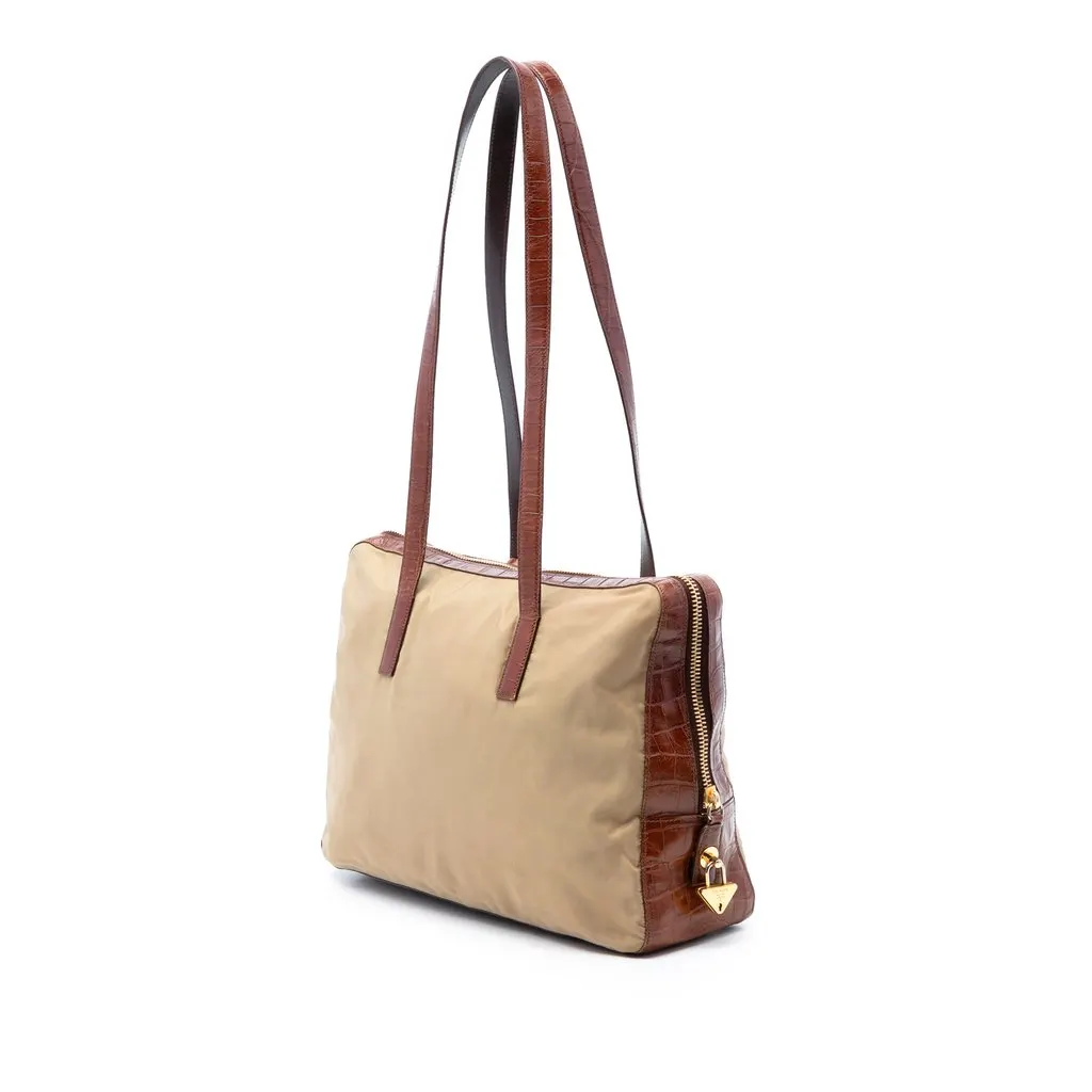 Prada Croc Embossed Leather Trimmed Tessuto Shoulder Bag Beige Good - Back View
