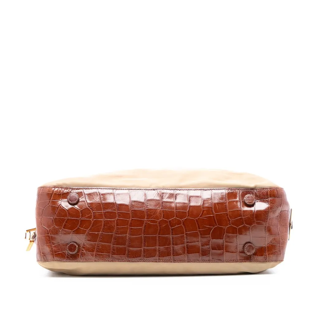 Prada Croc Embossed Leather Trimmed Tessuto Shoulder Bag Beige Good - Inside View