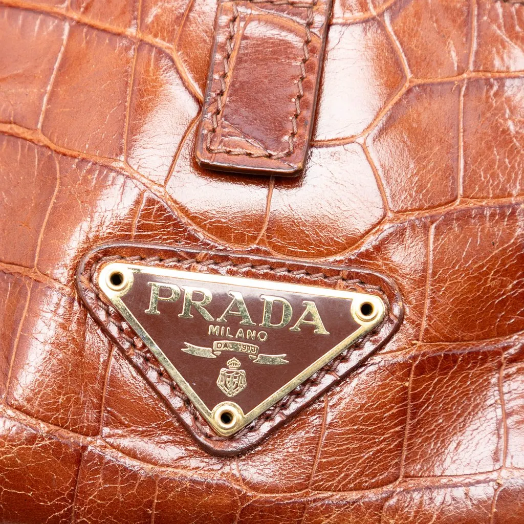 Prada Croc Embossed Leather Trimmed Tessuto Shoulder Bag Beige Good - Box View