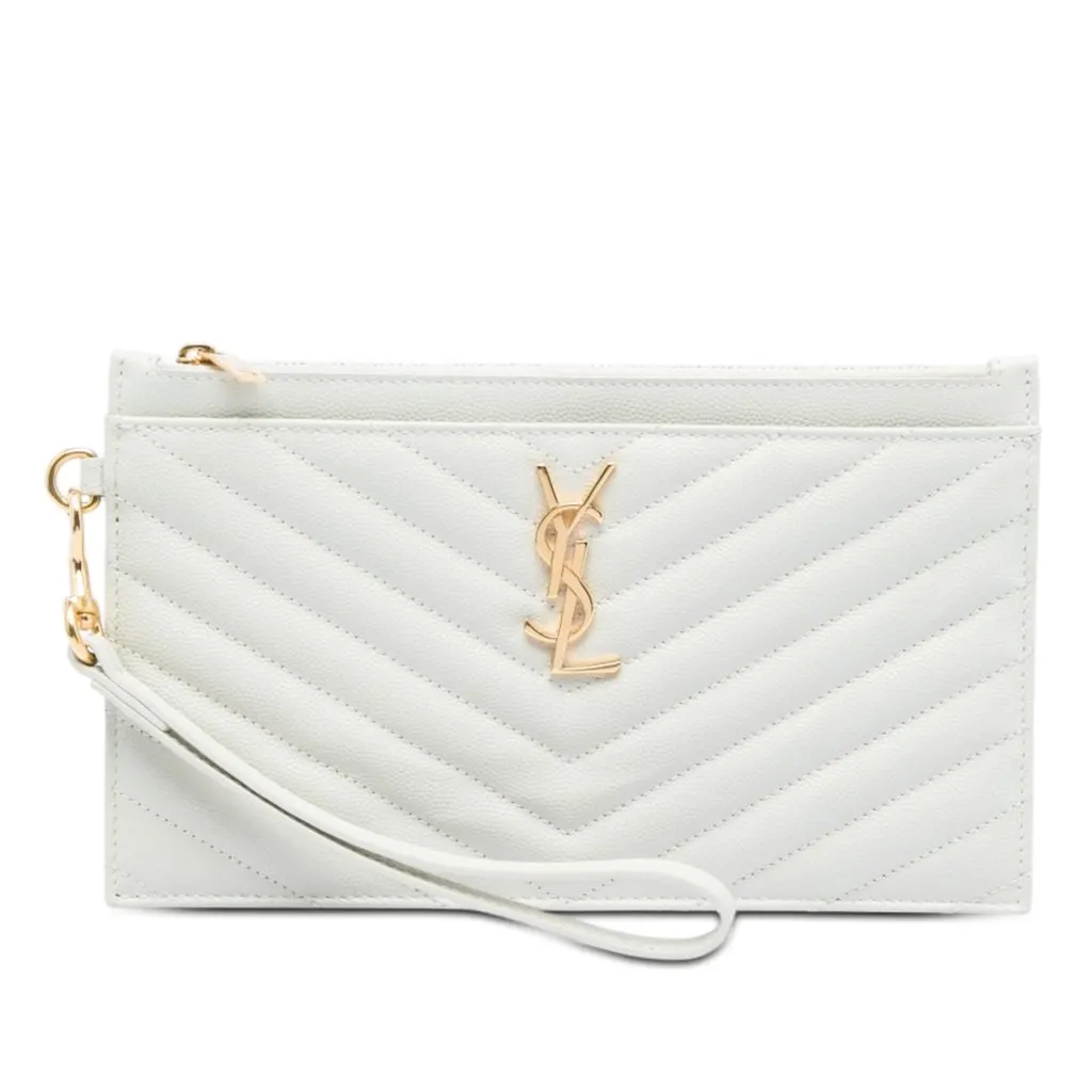 Saint Laurent Grain De Poudre Chevron Monogram Bill Pouch White Leather Very good - Front View