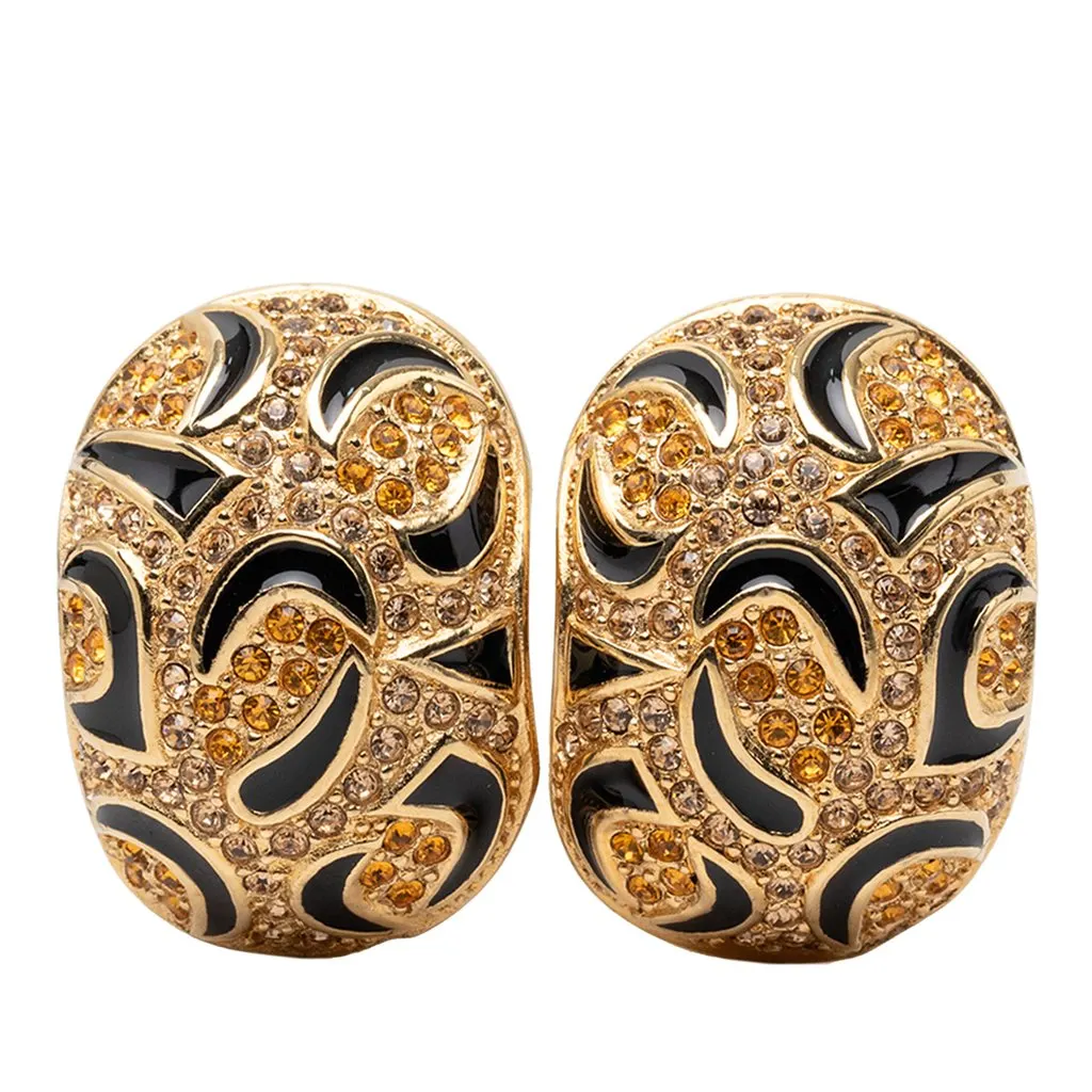 Dior Gold Plated Strass Enamel Oval Clip On Earrings Gold Metal Very good - Front View
