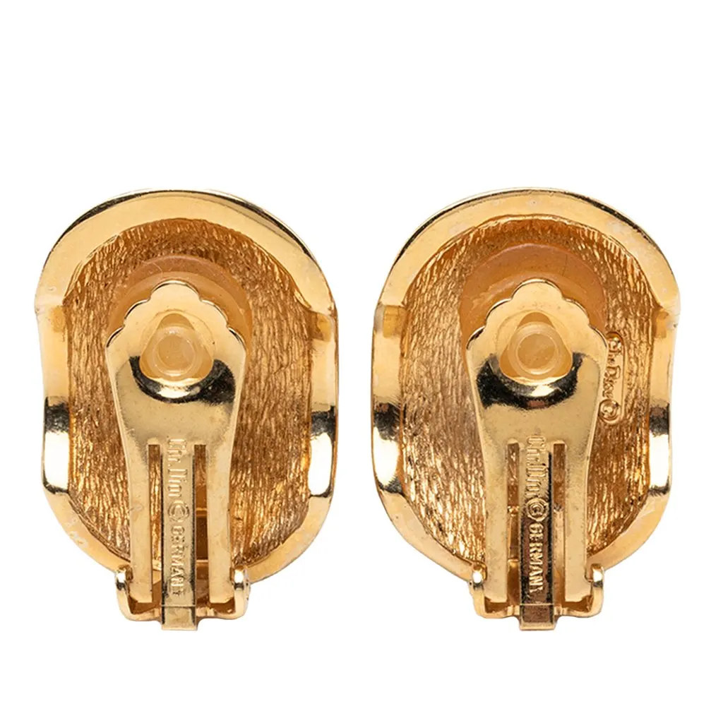 Dior Gold Plated Strass Enamel Oval Clip On Earrings Gold Metal Very good - Back View