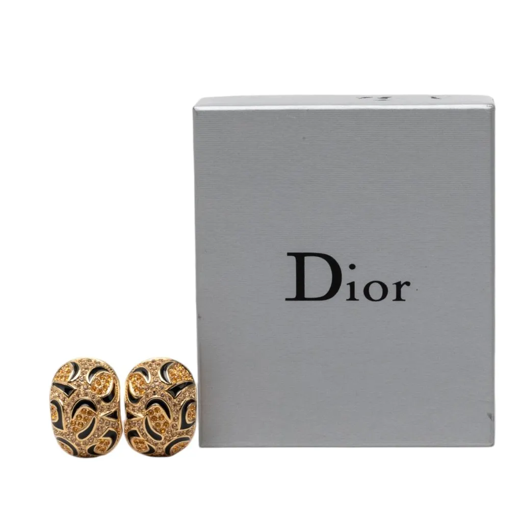 Dior Gold Plated Strass Enamel Oval Clip On Earrings Gold Metal Very good - Box View