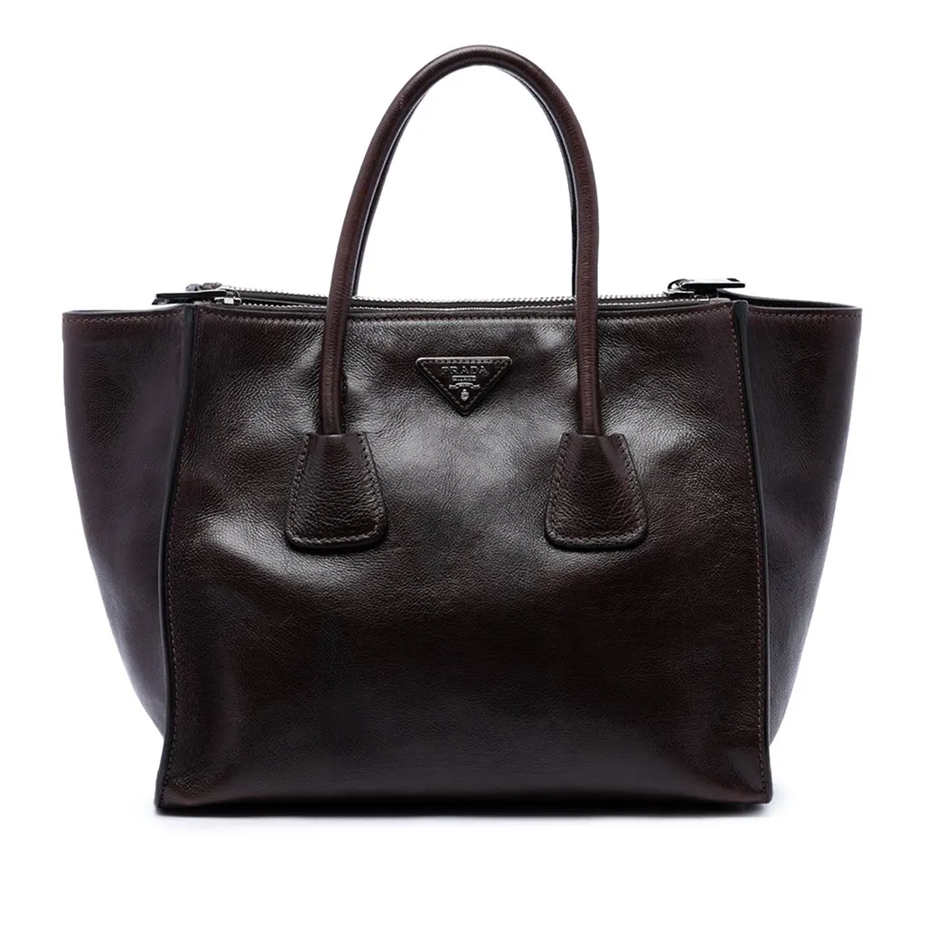 Prada Glace Calf Twin Pocket Double Handle Satchel Brown Leather Good - Front View