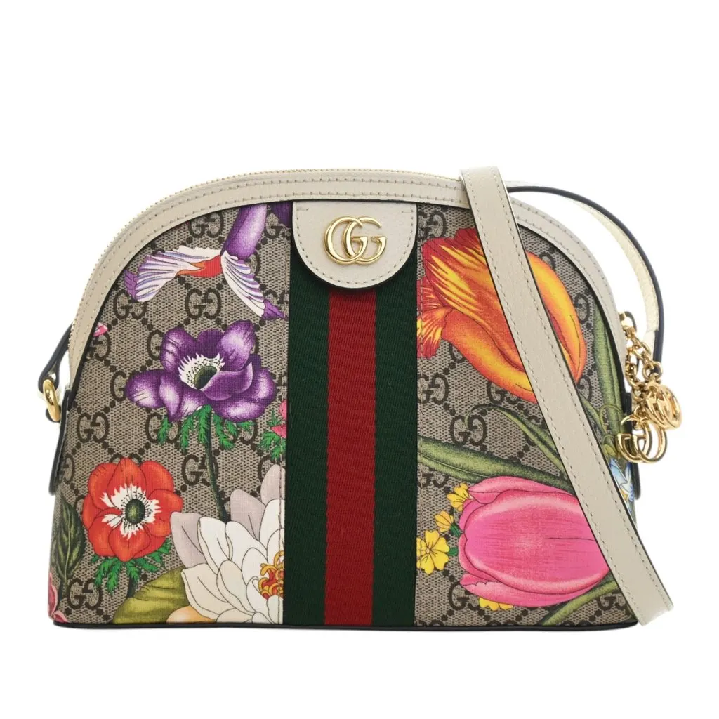 Gucci Small GG Supreme Web  Flora Ophidia Dome Crossbody Beige Very good - Front View