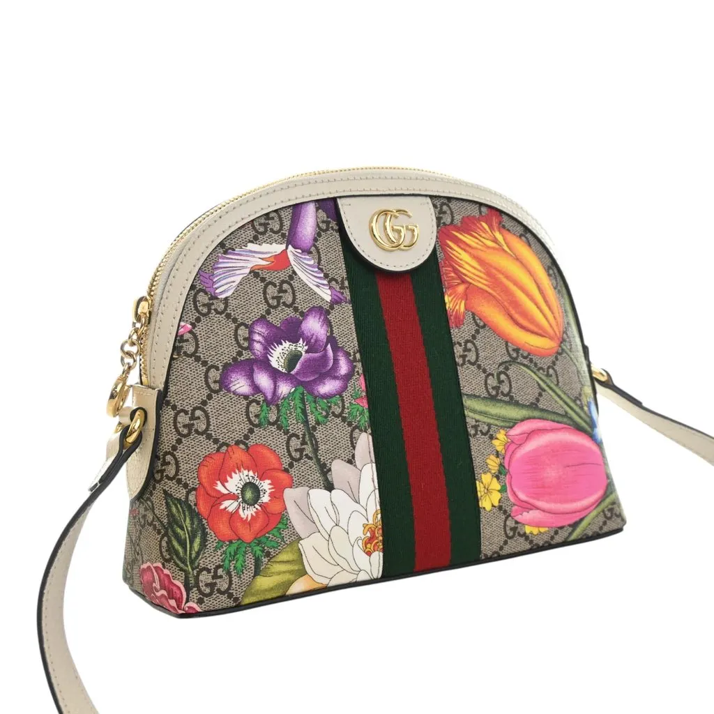 Gucci Small GG Supreme Web  Flora Ophidia Dome Crossbody Beige Very good - Back View