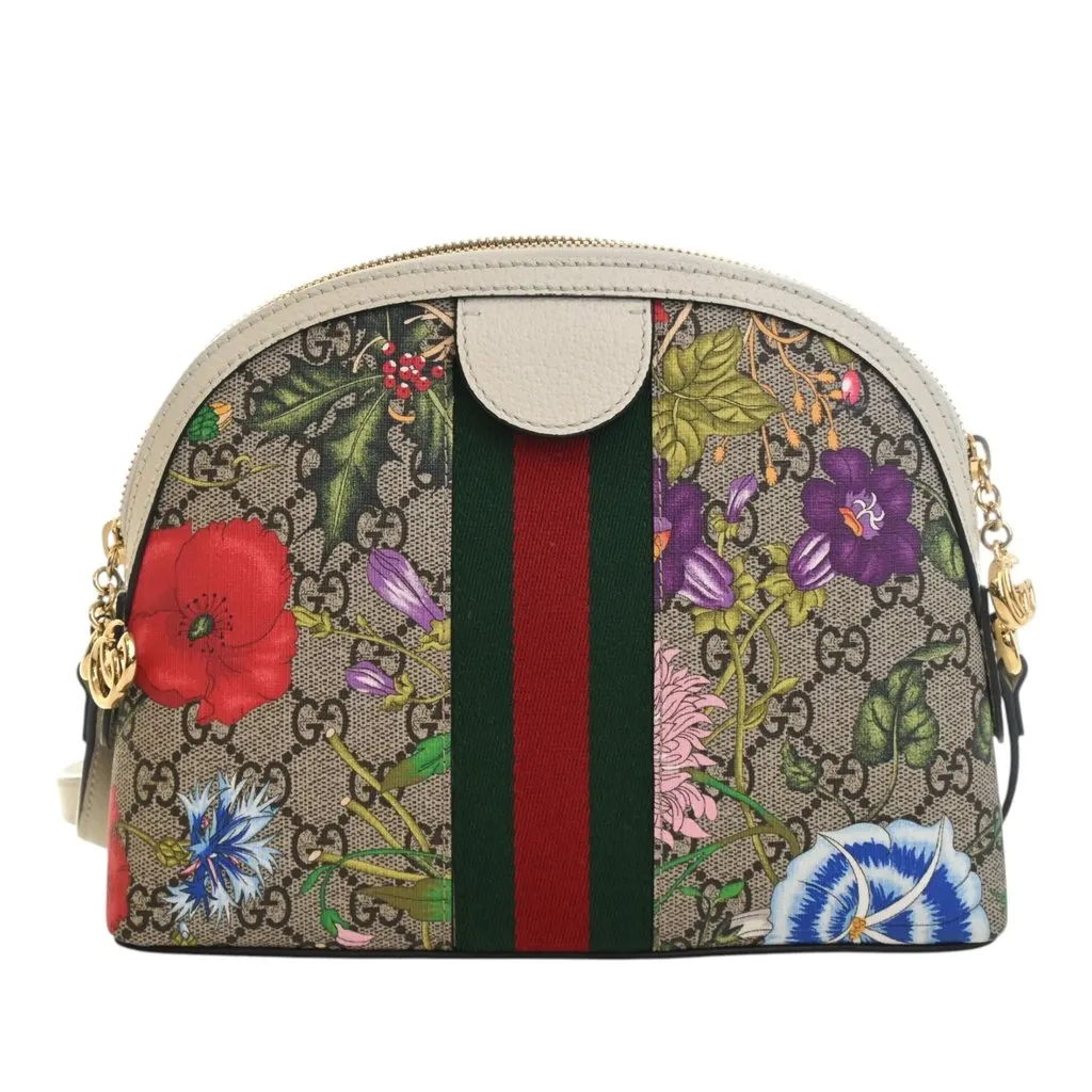 Gucci Small GG Supreme Web  Flora Ophidia Dome Crossbody Beige Very good - Model View
