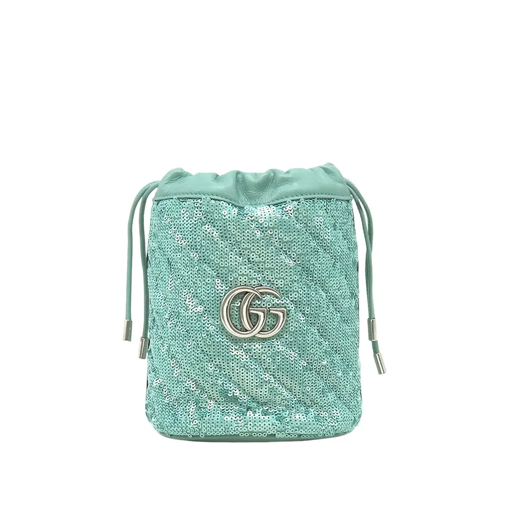 Gucci Small GG Marmont Sequined Diagonal Leather Matelasse Bucket Bag Green Leather Very good - Front View