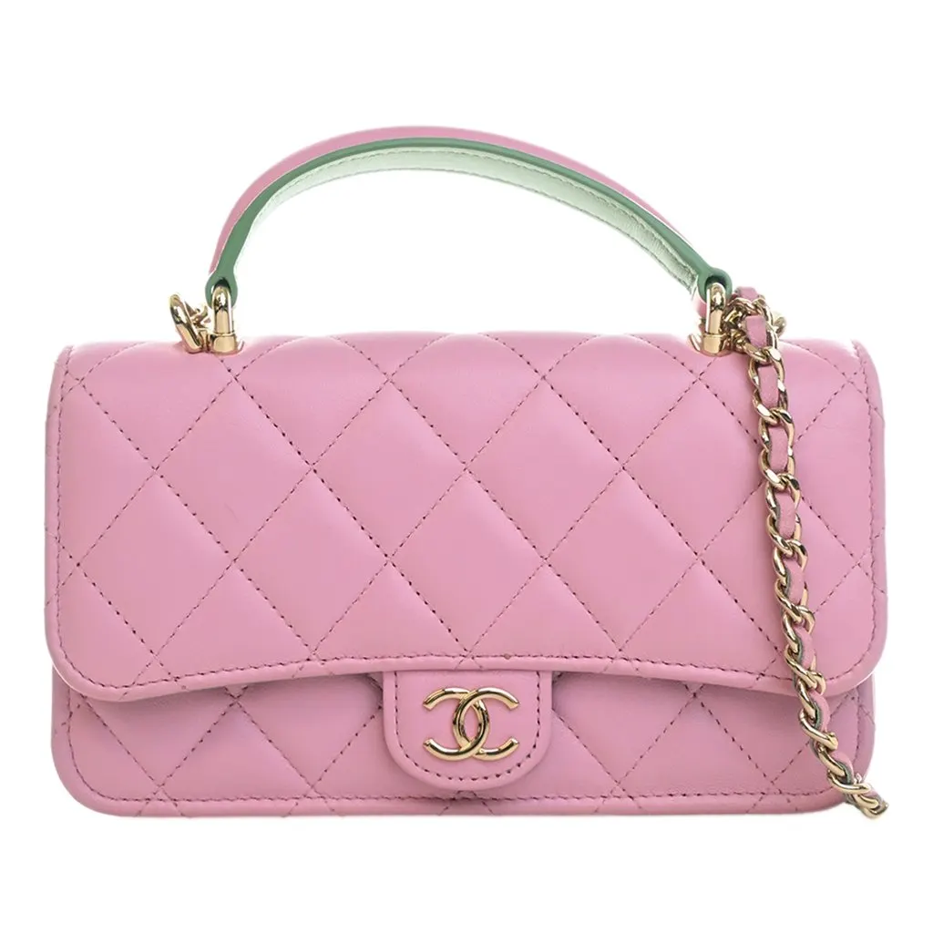 Chanel CC Quilted Lambskin Top Handle Phone Holder with Chain Pink Leather Very good - Front View