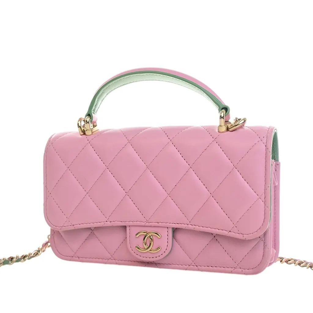 Chanel CC Quilted Lambskin Top Handle Phone Holder with Chain Pink Leather Very good - Back View